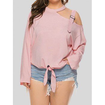 

Plus Size T Shirt Pastel Color Open Shoulder Tied Long Sleeve Casual Tee, Light pink