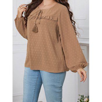 

Plus Size Blouse Swiss Dots Plain Color Tied Tassel Round Neck Long Sleeve Top, Light coffee