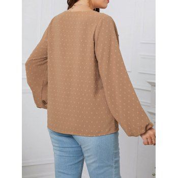 Plus Size Blouse Swiss Dots Plain Color Tied Tassel Round Neck Long Sleeve Top