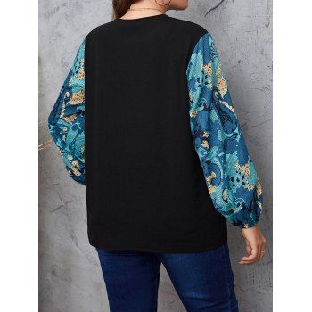 Plus Size T Shirt Flower Leaf Print Panel Textured Round Neck Long Sleeve Tee