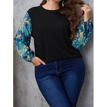 

Plus Size T Shirt Flower Leaf Print Panel Textured Round Neck Long Sleeve Tee, Black