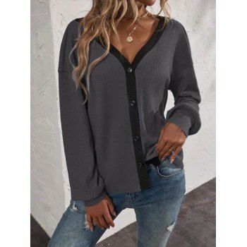 

Colorblock Spliced Textured Top Button Up V Neck Long Sleeve Top, Gray