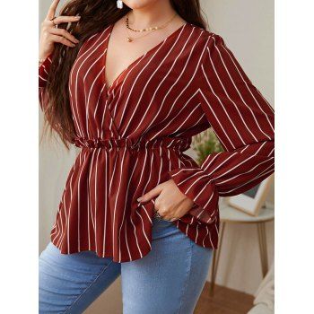 

Plus Size Stripe Print Blouse Surplice Plunging Neck Ruffles Long Sleeve Blouse, Deep red