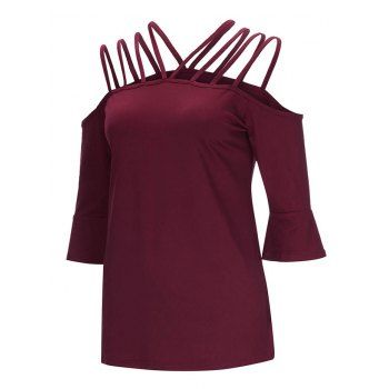 

Cold Shoulder Strappy Tee Solid Color Half Sleeve Casual T-shirt, Deep red