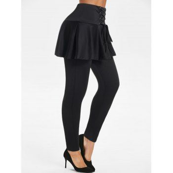 

Lace Up Skirt Leggings High Waist Solid Color Long Skirt Leggings, Black