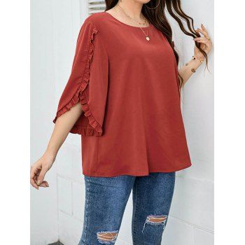 

Plus Size Solid Color Blouse Ruffles Round Neck Half Sleeve Curve Blouse, Deep red