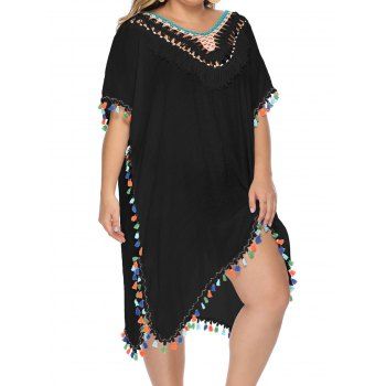 

Plus Size Cover-up Crochet Colored Tassel Cover-up Dress Hollow Out Slit Short Sleeve Vacation Cover-up Dress, Black