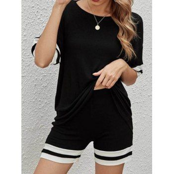 

Textured Sports Set Striped Print Half Sleeve T Shirt And Elastic Waist Shorts Two Piece Set, Multicolor a