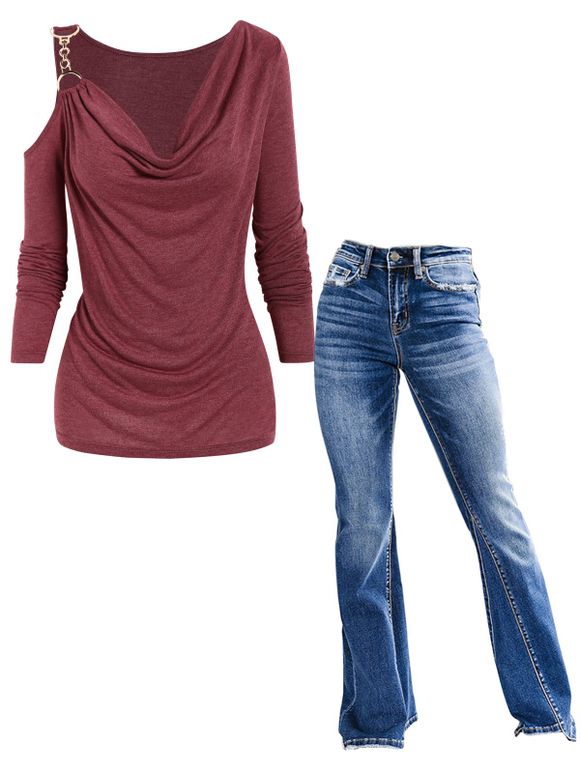 Ensemble de T-shirt Décontracté Chiné Zippé avec Poches à Manches Longues à Col Bénitier et Jean Zippé Poche - multicolor S