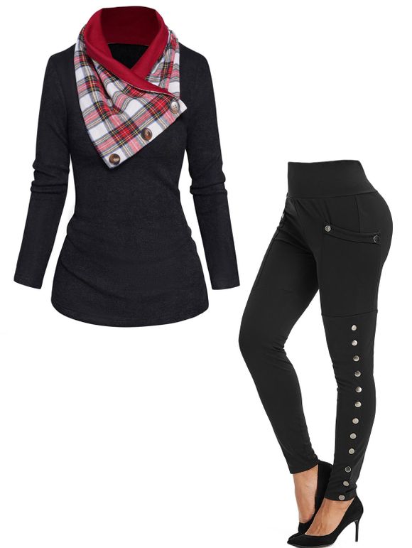 Ensemble avec Haut en Tricot à Carreaux Couleur Unie Détail d'Echarpe et Legging avec Bouton-Pression et - Noir S