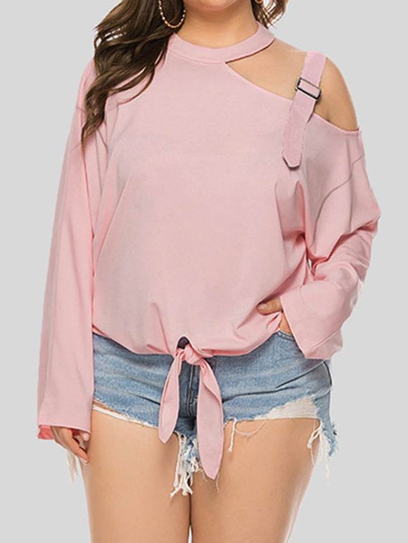 T-shirt Décontracté Pastel Noué en Couleur Unie à Manches Longues Grande Taille - Rose clair XL