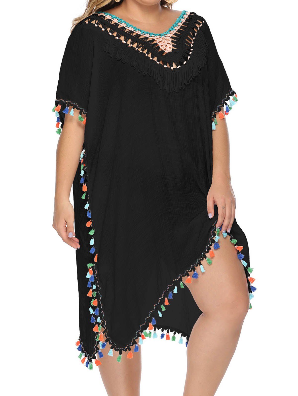 Plus Size Cover-up Crochet Colored Tassel Cover-up Dress Hollow Out Slit Short Sleeve Vacation Cover-up Dress - BLACK 2XL