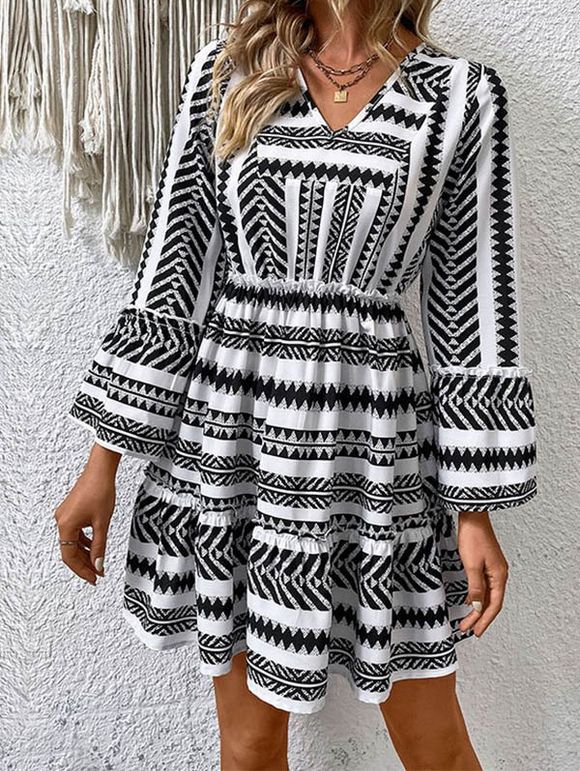 Allover Tribal Stripe Print Mini Dress V Neck Ruffles High Waist Long Sleeve Dress - BLACK L