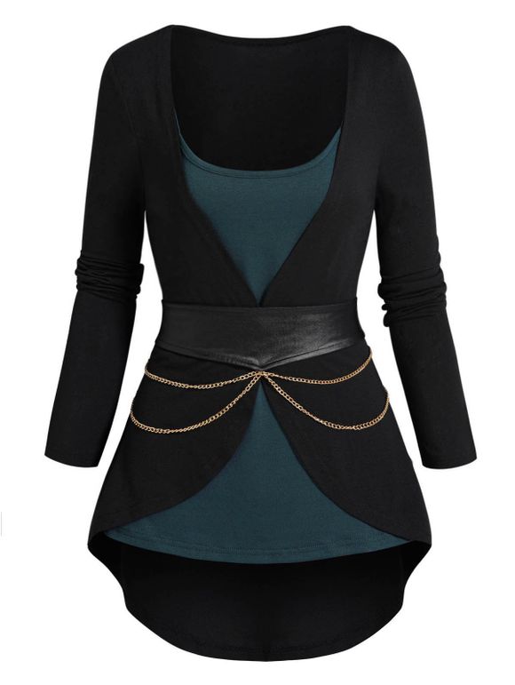Colorblock Asymmetric Faux Twinset Top Long Sleeve Chain Belted 2 In 1 Top - BLACK XXL