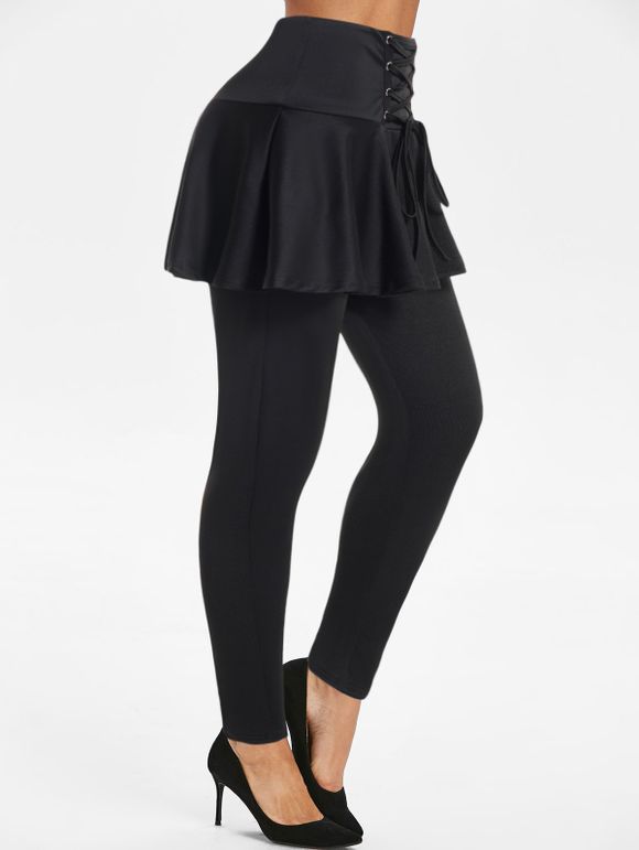 Lace Up Skirt Leggings High Waist Solid Color Long Skirt Leggings - BLACK XXL