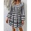 Allover Tribal Stripe Print Mini Dress V Neck Ruffles High Waist Long Sleeve Dress - BLACK L