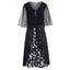 Robe Mi-Longue Superposée à Imprimé Fleur en Tulle Transparent Demi-Manche Faux Bouton en Ligne A - Noir M