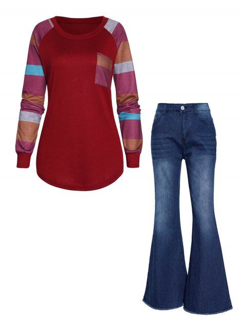 Contrast Colorblock Front Pocket Round Neck Long Sleeve T Shirt And Frayed Hem High Waist Dark Wash Long Flare Jeans Outfit