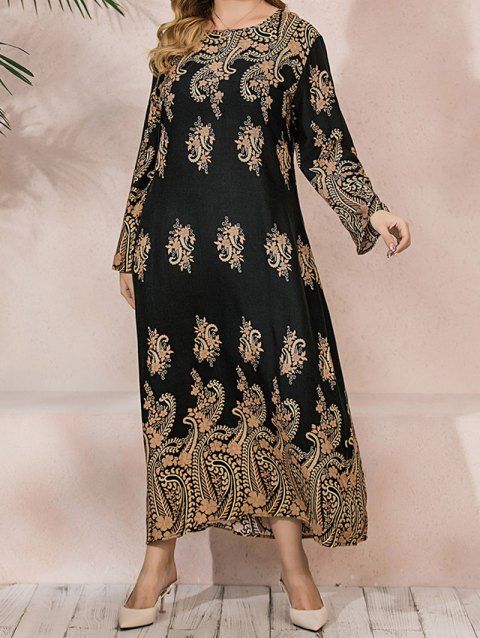 Plus Size Dress Baroque Print Braid Belted High Waisted Long Sleeve A Line Maxi Dress