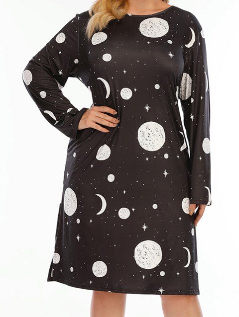 Plus Size Dress Sun Moon Star Print Round Neck Long Sleeve Trapeze Midi Dress