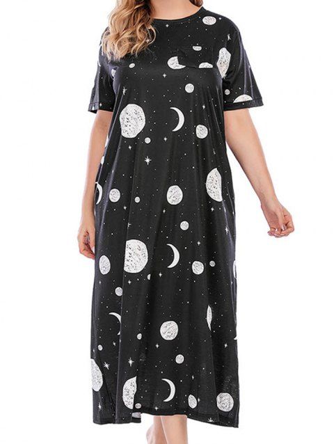 Robe Mi-Longue Trapèze à Imprimé Etoile Lune et Soleil avec Poche en Avant de Grande Taille