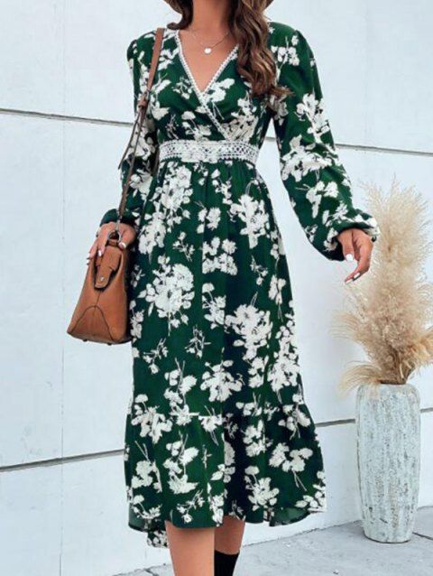 Allover Floral Print Dress Lace Panel High Waisted Surplice Plunging Neck A Line Midi Dress