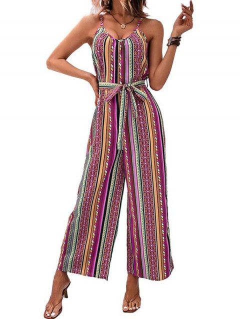 Bohemian Jumpsuit Geometric Printed Belted High Waisted Spaghetti Strap Wide Leg Jumpsuit