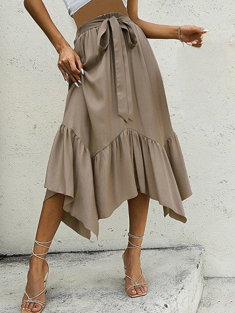 Asymmetrical Hem Skirt Self Belted Plain Color Elastic High Waisted A Line Midi Skirt