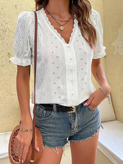Geometric Eyelet T Shirt Puff Sleeve Mock Button Lace Insert V Neck Plain Color Tee