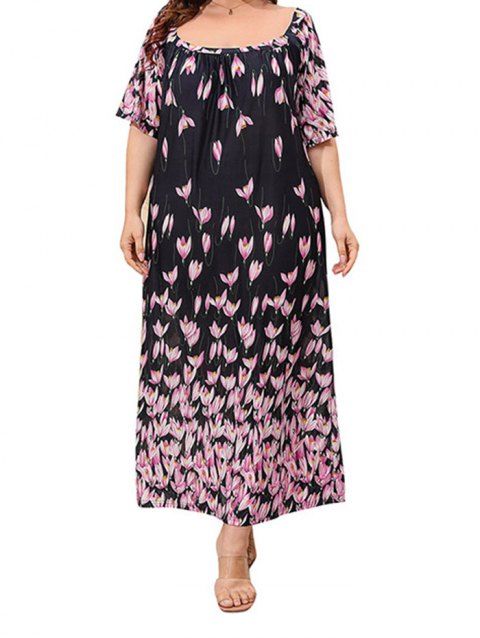 Plus Size Dress Flower Print Scoop Neck Half Sleeve Trapeze Maxi Dress