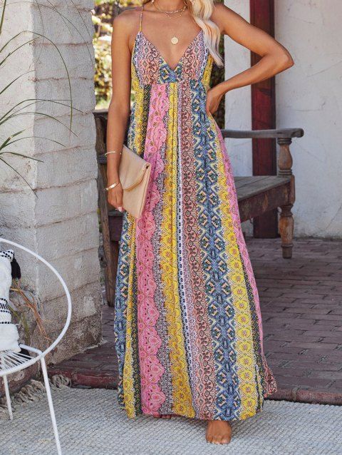 Bohemian Cami Dress Colored Printed Empire Waist Sleeveless A Line Maxi Ethnic Dress