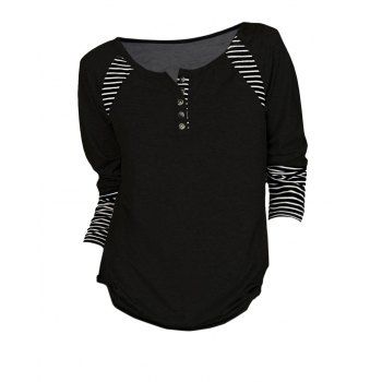 

Striped Print Panel T Shirt Button Long Sleeve Round Neck Casual Tee, Black