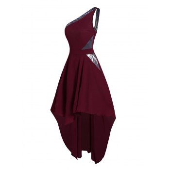 

One Shoulder Prom Dress Metallic Sparkly Strap Patches High Low Dress Backless Layered High Waist Chiffon Party Dress, Deep red