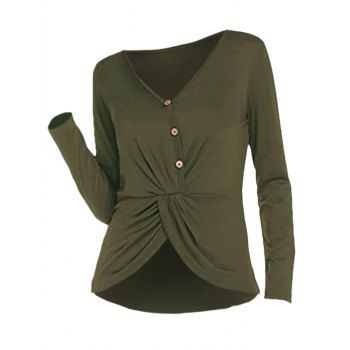 

Plain Color Top Half Button Overlay Ruched V Neck Long Sleeve Top, Green