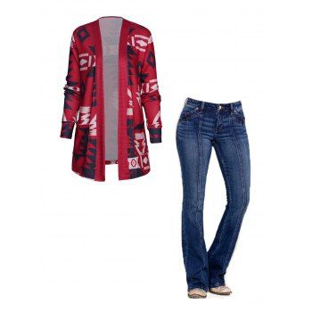 

Contrasting Geometric Pattern Front Pockets Long Sleeve Top And Topstitching Pockets Zipper Fly Long Flare Jeans Outfit, Multicolor a