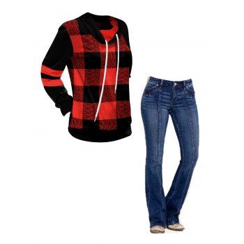 

Contrast Plaid Print Drawstring Cowl Neck Sweatshirt And Topstitching Pockets Zipper Fly Long Flare Jeans Outfit, Multicolor a