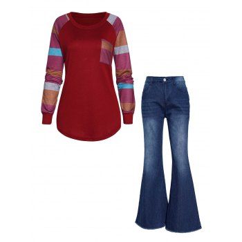 

Contrast Colorblock Front Pocket Round Neck Long Sleeve T Shirt And Frayed Hem High Waist Dark Wash Long Flare Jeans Outfit, Multicolor a