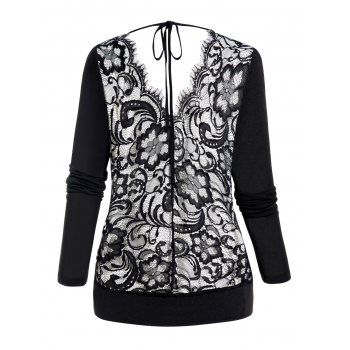 

Sheer Flower Lace Low Cut Back Top Bowknot Tie Long Sleeve Top, Black