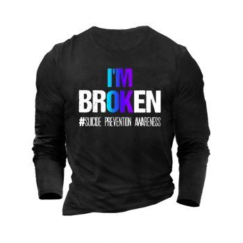 

I'M BROKEN Letter Slogan Print T-shirt Long Sleeve Round Neck Casual Tee, Black