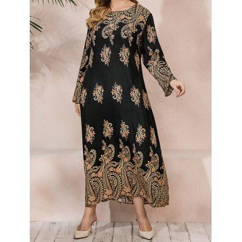 

Plus Size Dress Baroque Print Braid Belted High Waisted Long Sleeve A Line Maxi Dress, Black