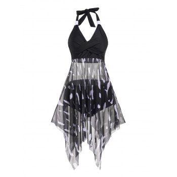 

Asymmetric Camouflage Mesh Halter Tankini Swimsuit Padded Long Tankini Two Piece Swimwear High Waist Bathing Suit, Black