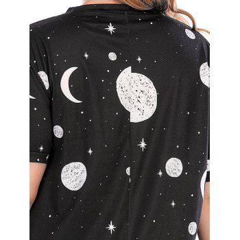 Plus Size Dress Sun Moon Star Print Front Pocket Short Sleeve Trapeze Midi Dress