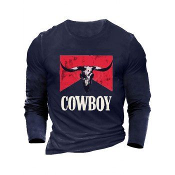 

COWBOY Animal Print Graphic Tee Round Neck Casual Long Sleeve T-shirt, Blue