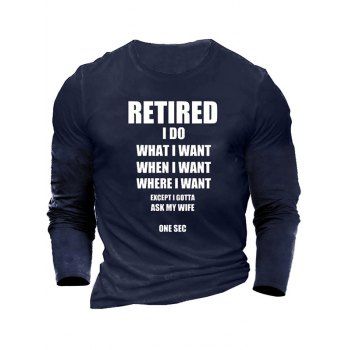 

RETIRED Slogan Print Graphic T-shirt Long Sleeve Round Neck Casual Tee, Blue