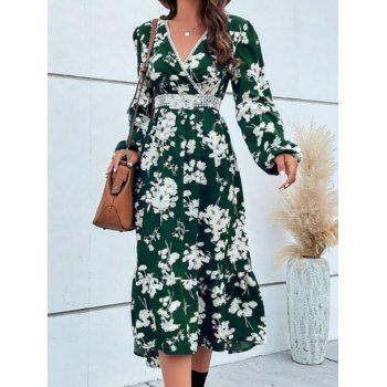 

Allover Floral Print Dress Lace Panel High Waisted Surplice Plunging Neck A Line Midi Dress, Green