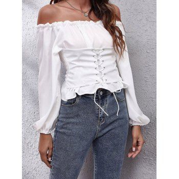 

Off The Shoulder Blouse Plain Color Shirred Lace Up Corset Ruffle Long Sleeve Top, White