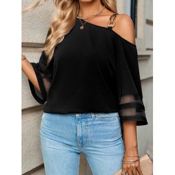 

Skew Collar Mesh Panel Blouse Solid Color Open Shoulder Buckle Strap Blouse, Black