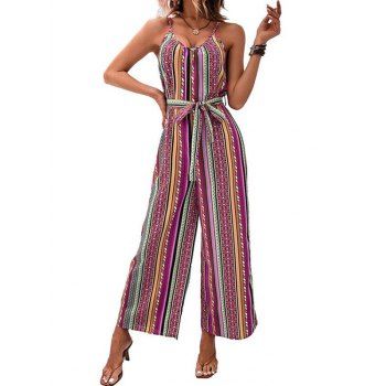 

Bohemian Jumpsuit Geometric Printed Belted High Waisted Spaghetti Strap Wide Leg Jumpsuit, Multicolor a