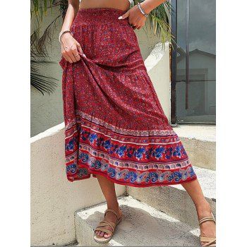 

Bohemian Skirt Ditsy Flower Paisley Printed Elastic High Waisted A Line Midi Skirt, Red