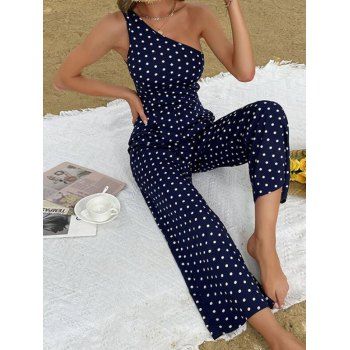 

Vacation Jumpsuit Allover Polka Dot One Shoulder Wide Leg Jumpsuit, Deep blue
